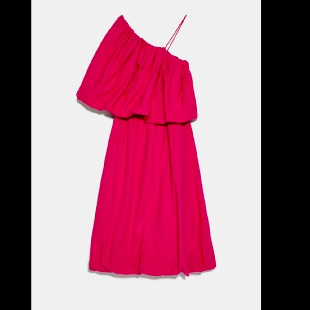 ZARA Fuchsia Pink Voluminous Asymmetric One Shoulder Cotton Bubble Dress